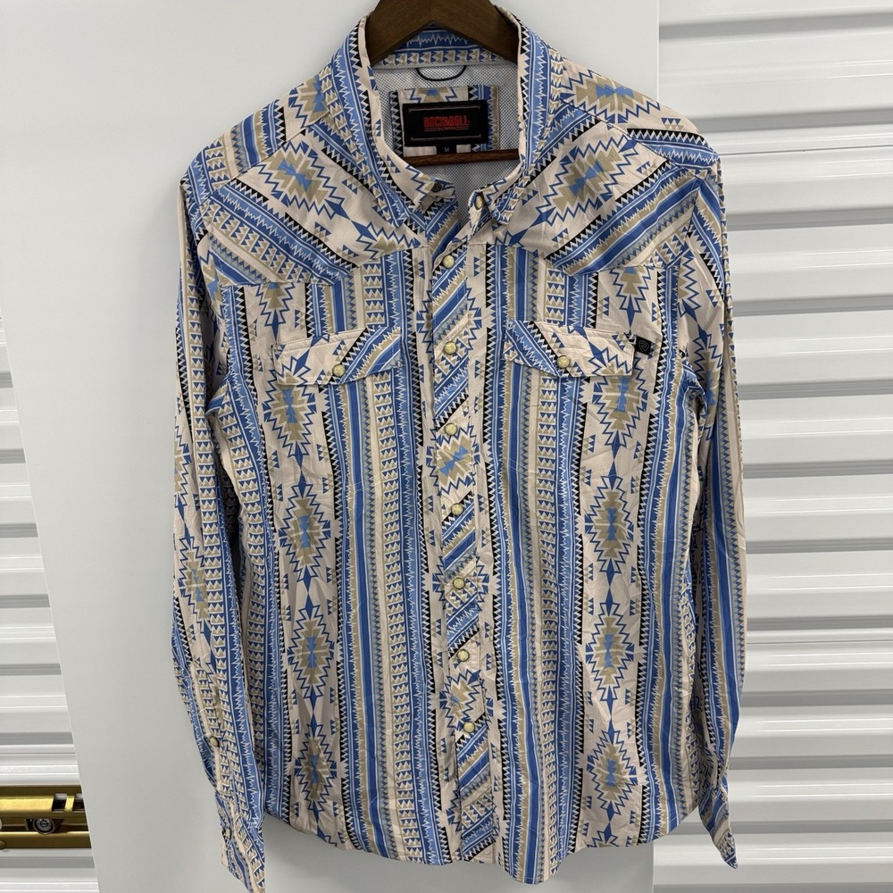 Rock & Roll Denim B2S6586 Men's M Blue Aztec Pearl Snap Western Shirt